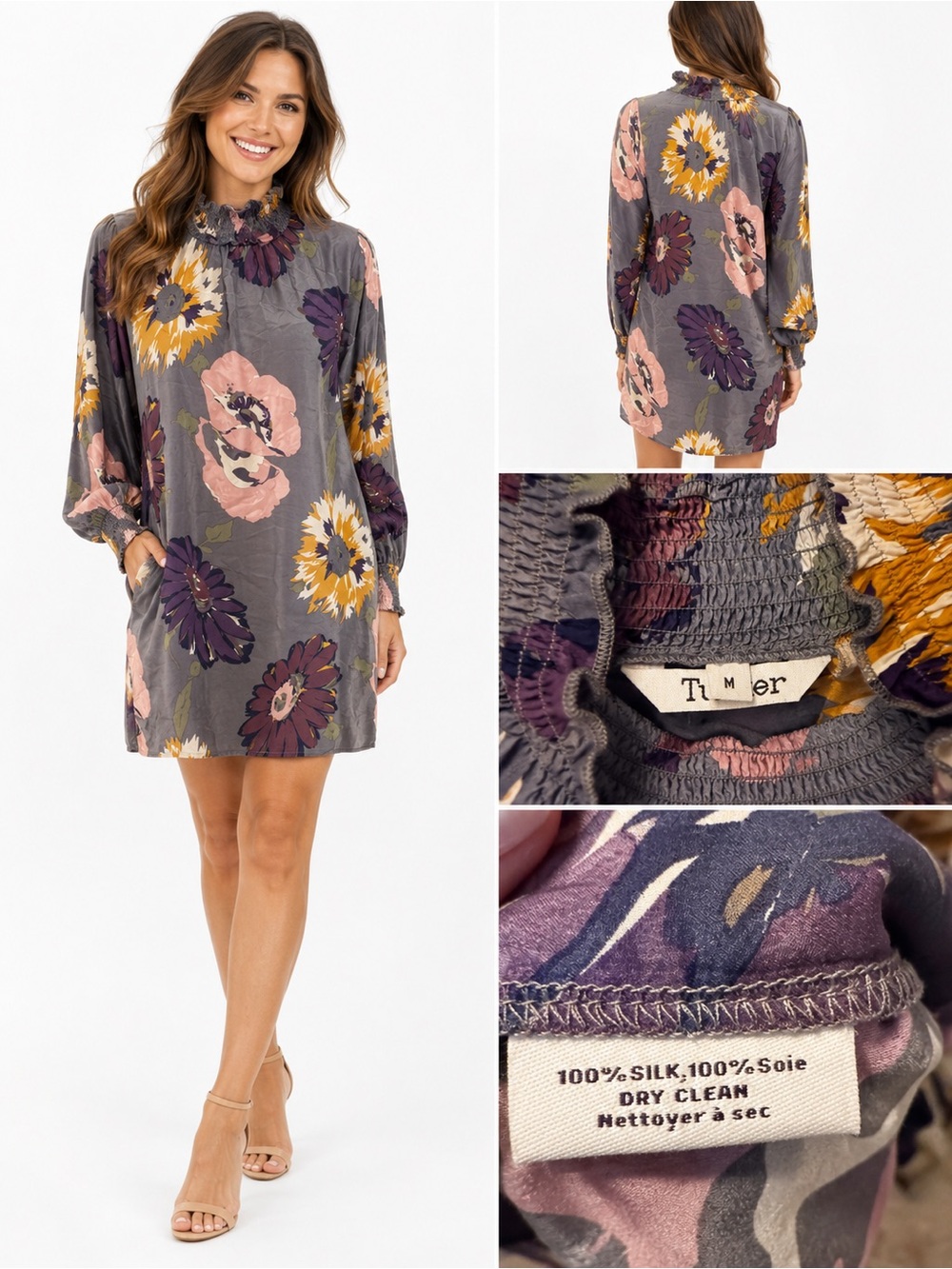 Tucker Gray Floral Silk Smocked-Neck Mini Dress with Pink & Yellow Blooms